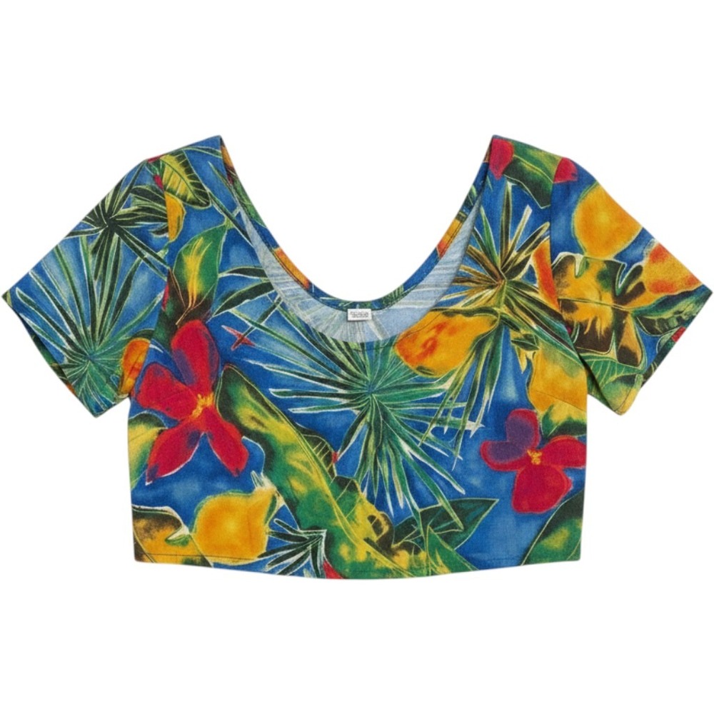 Vintage Style Tropical Floral Crop Top Short Sleeve Scoop Neck Multicolor no tag